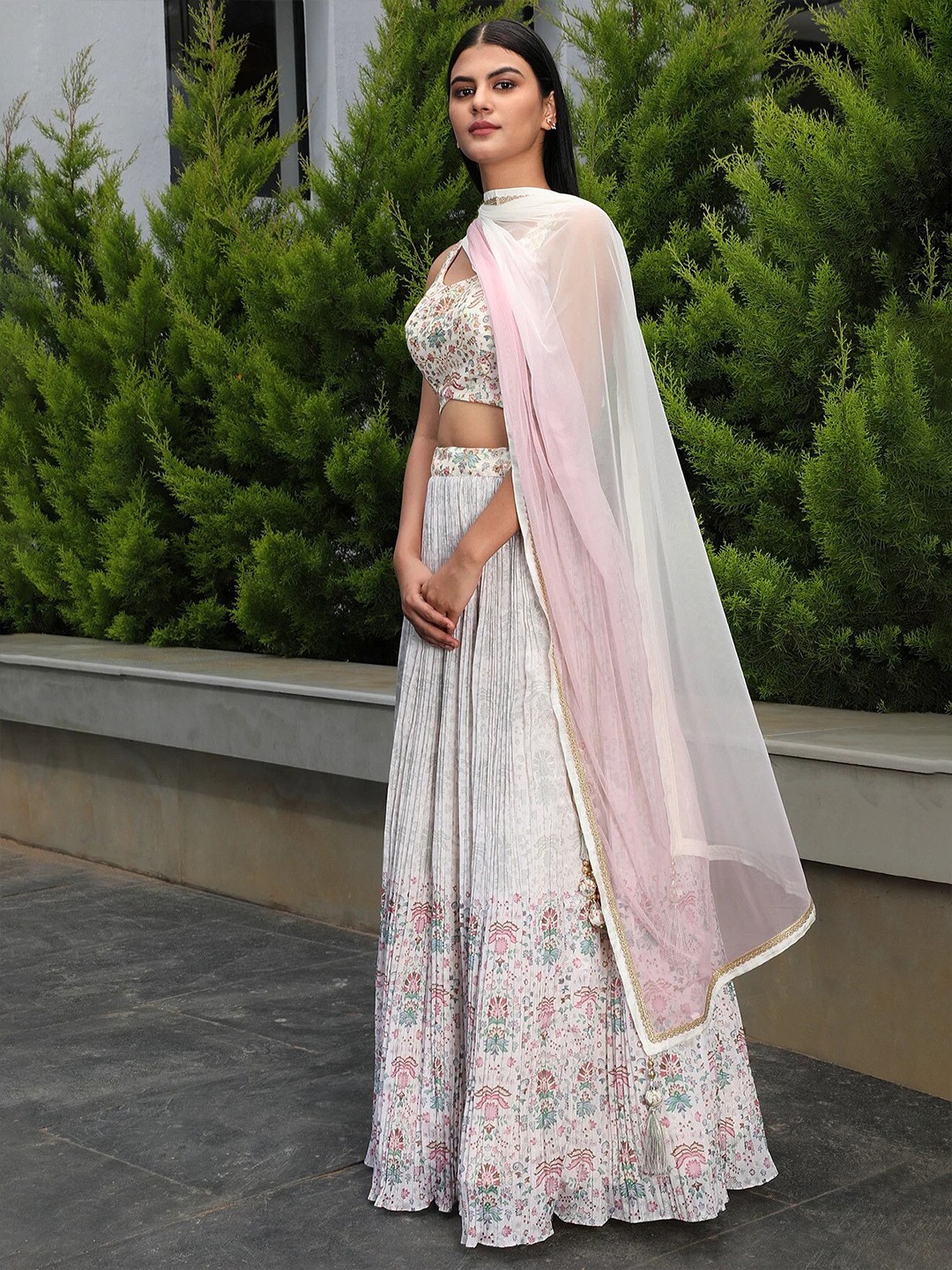 Floral Printed Pleated Lehenga Choli With Dupatta