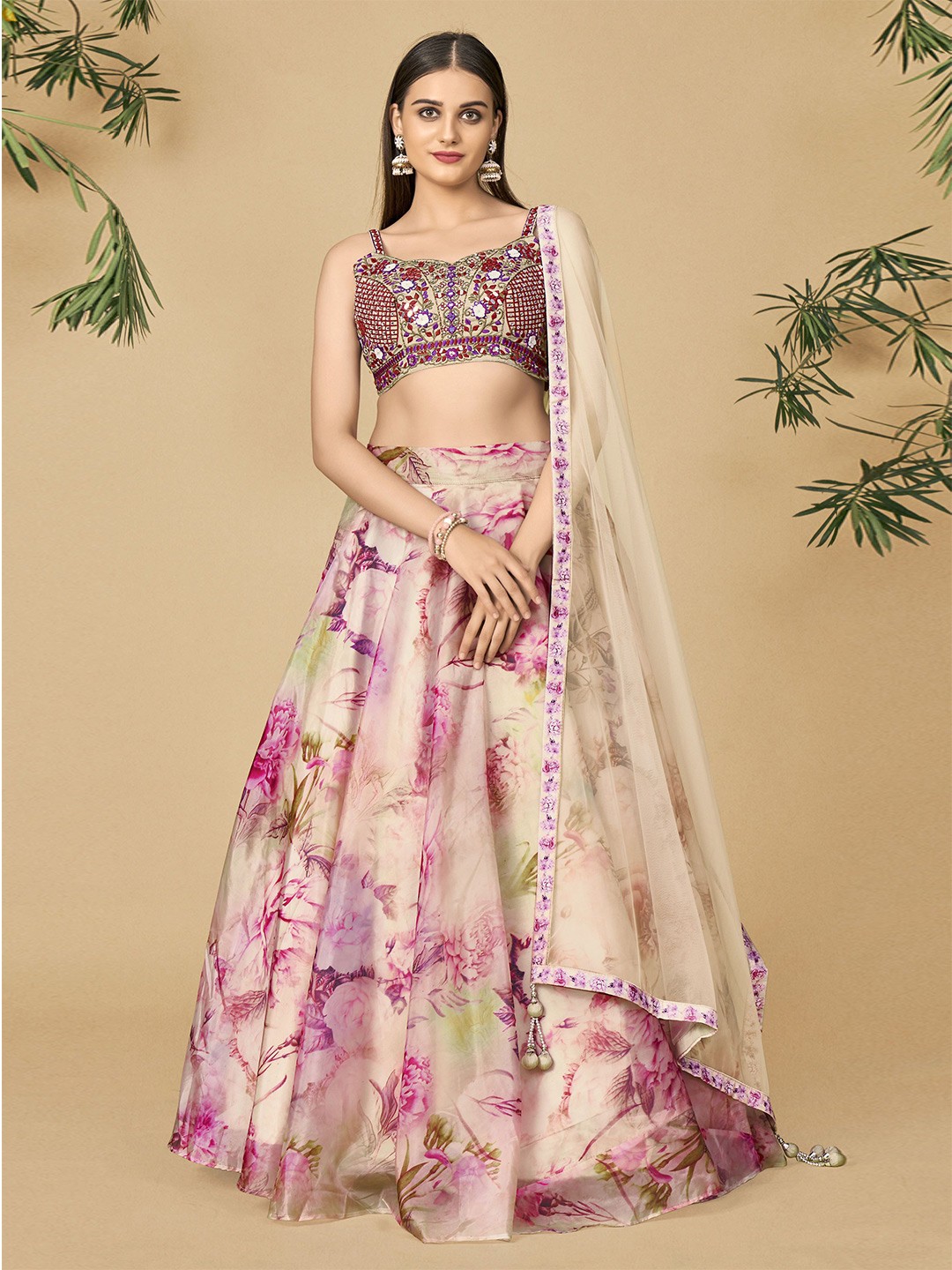 Embellished Mirror Work Lehenga With Dupatta