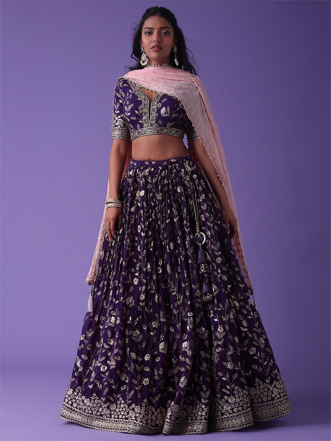 Embroidered Sequinned Semi-Stitched Lehenga With Dupatta