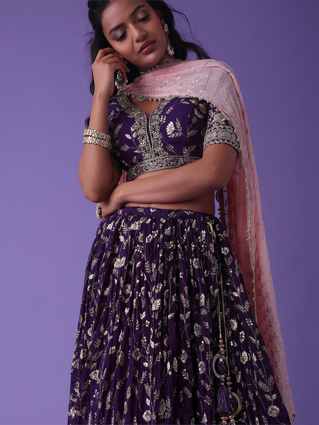 Embroidered Sequinned Semi-Stitched Lehenga With Dupatta