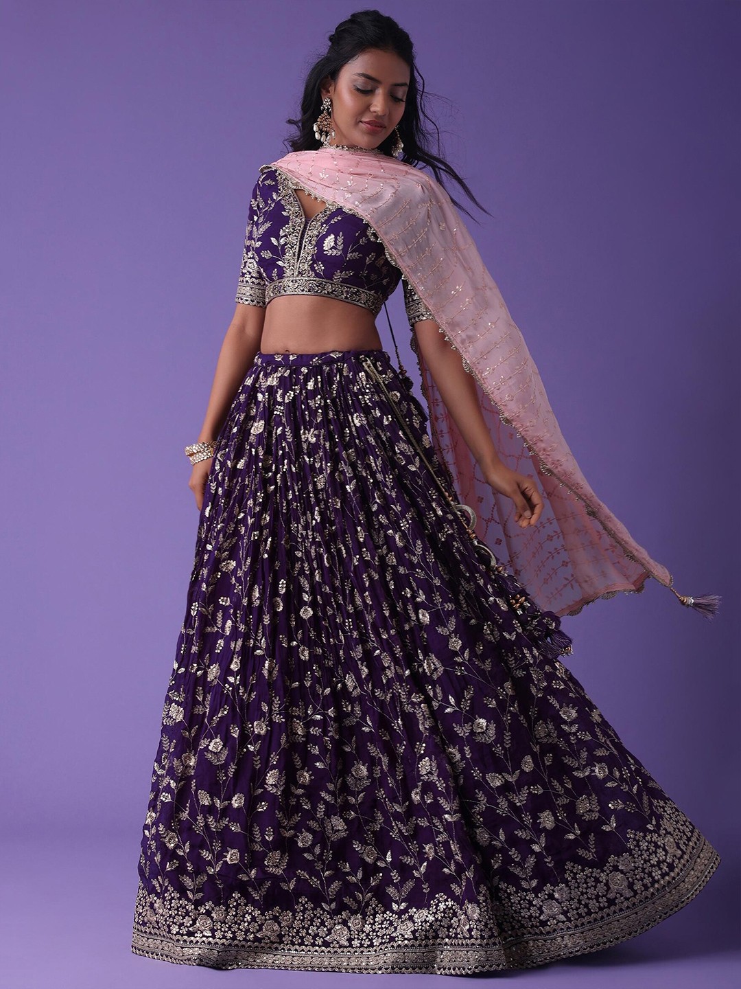 Embroidered Sequinned Semi-Stitched Lehenga With Dupatta