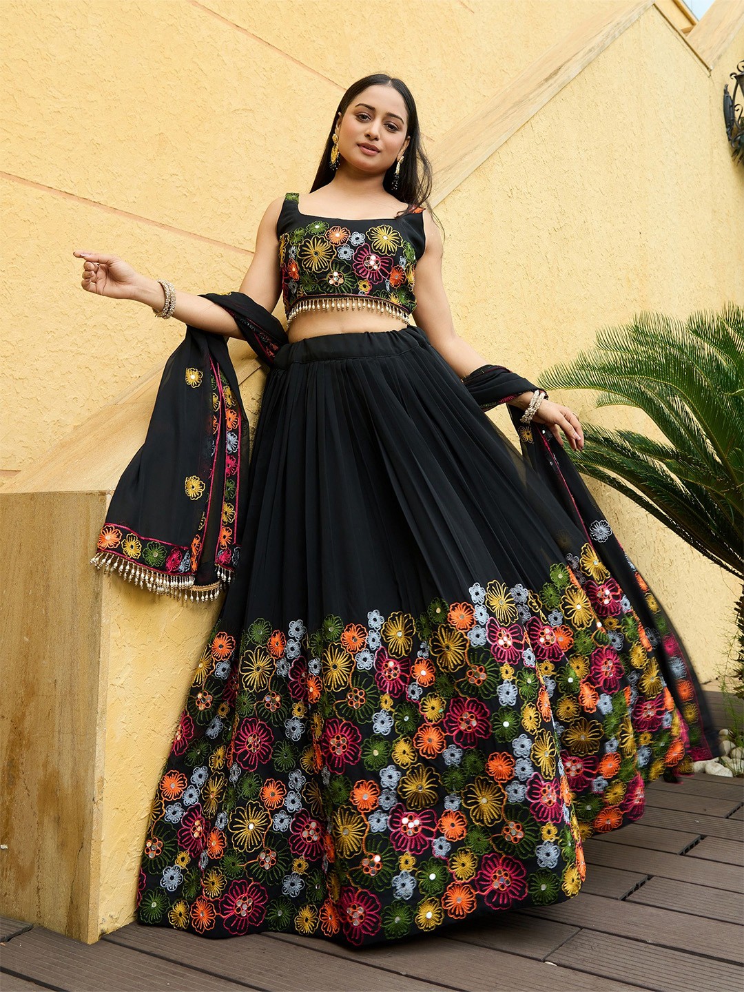 Embroidered Mirror Work Semi-Stitched Lehenga With Dupatta