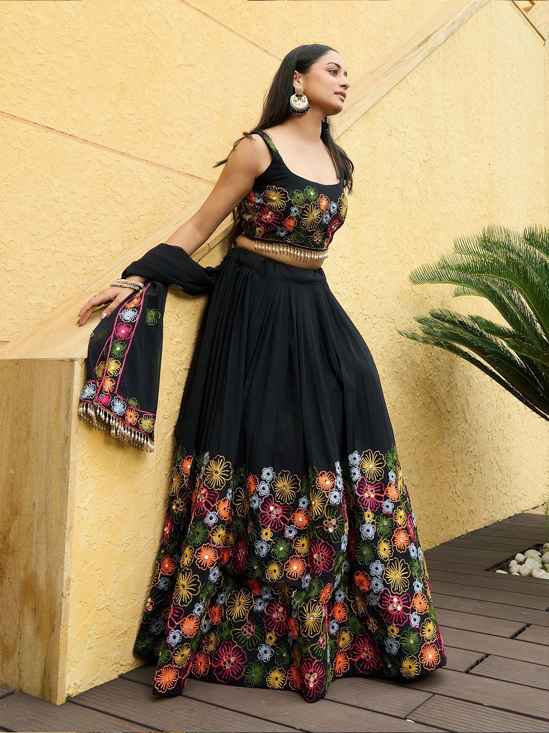 Embroidered Mirror Work Semi-Stitched Lehenga With Dupatta