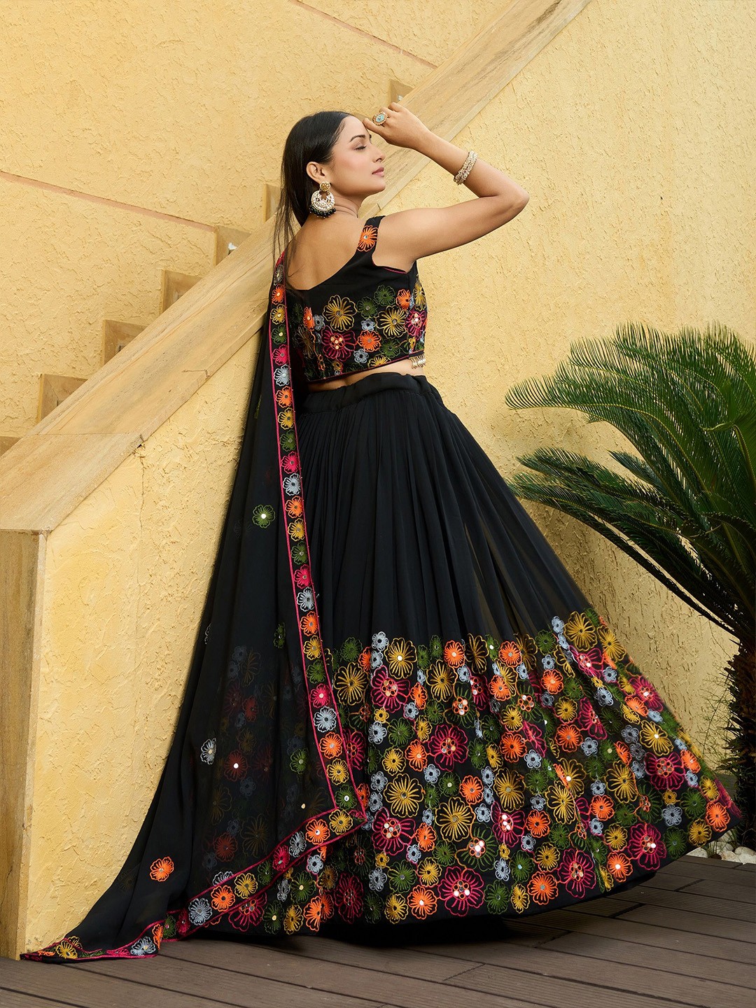 Embroidered Mirror Work Semi-Stitched Lehenga With Dupatta