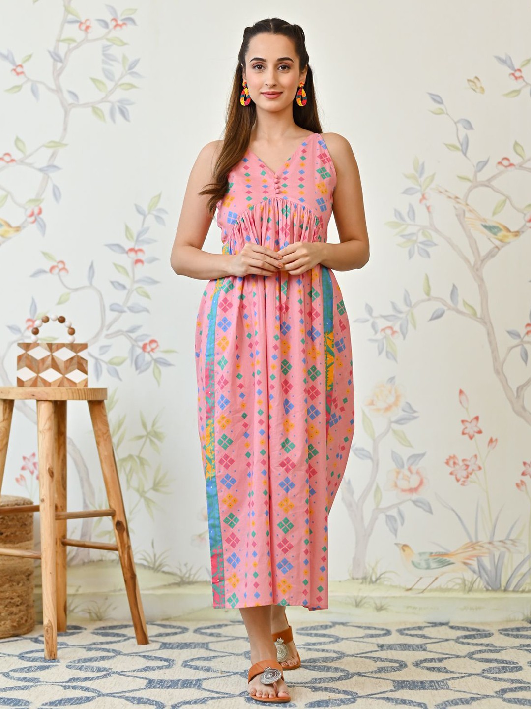 Floral Printed V-Neck Cotton Maxi Dress