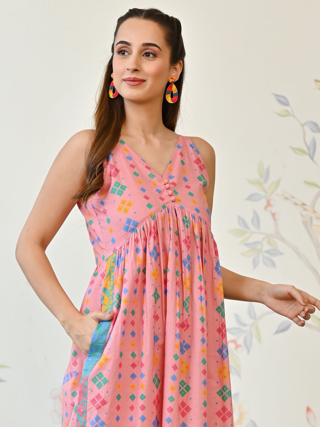 Floral Printed V-Neck Cotton Maxi Dress