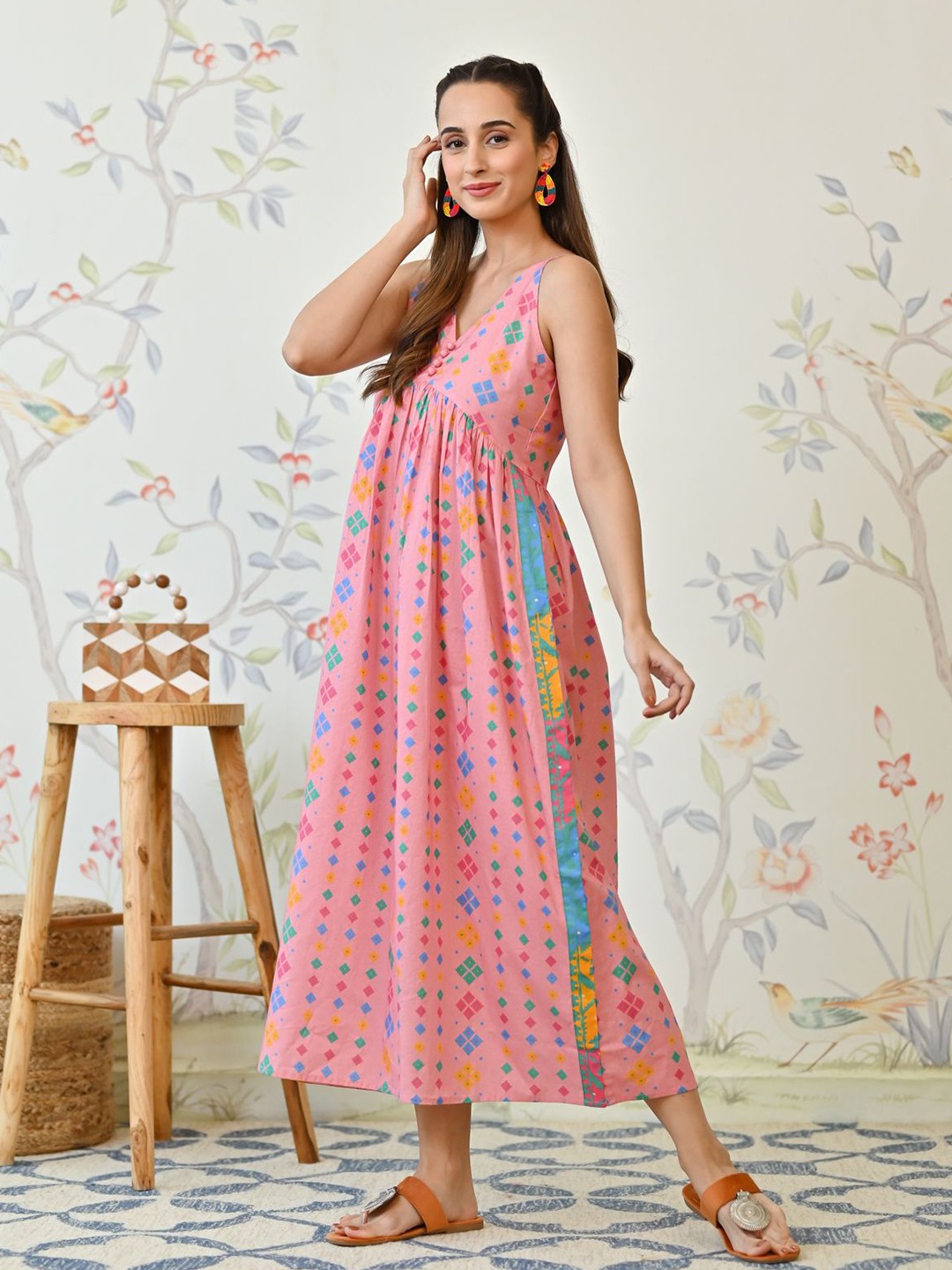 Floral Printed V-Neck Cotton Maxi Dress