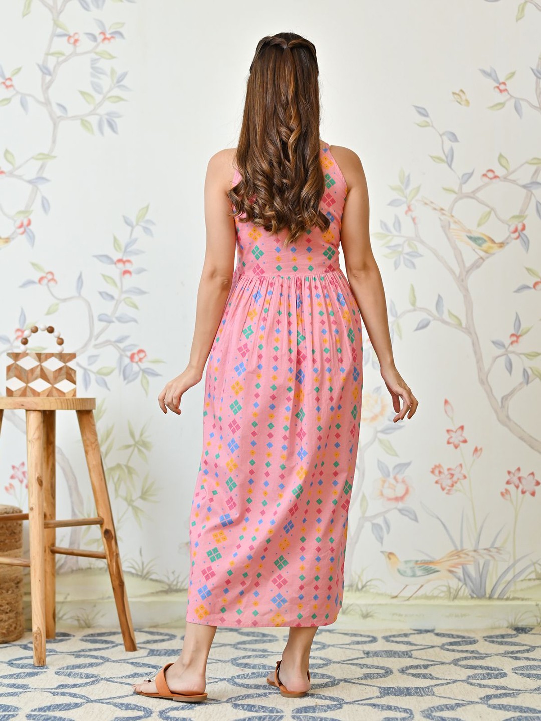 Floral Printed V-Neck Cotton Maxi Dress