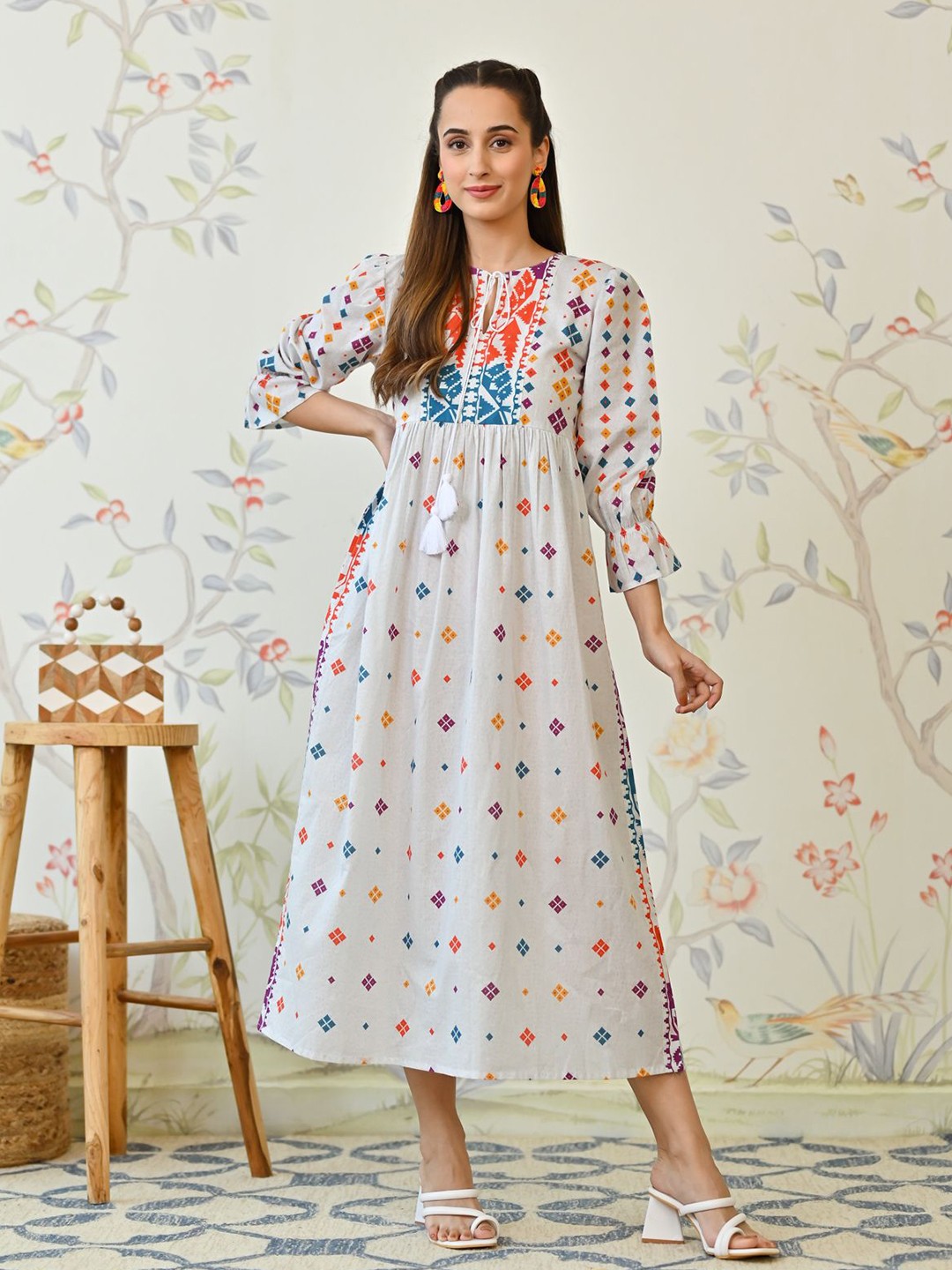 Printed Round Neck A-Line Cotton Midi Dress