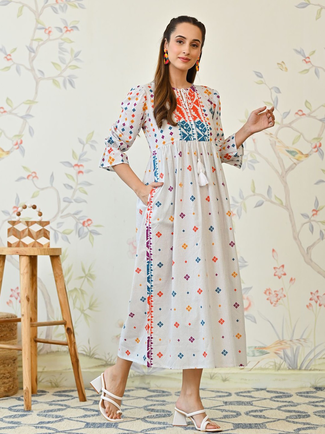 Printed Round Neck A-Line Cotton Midi Dress