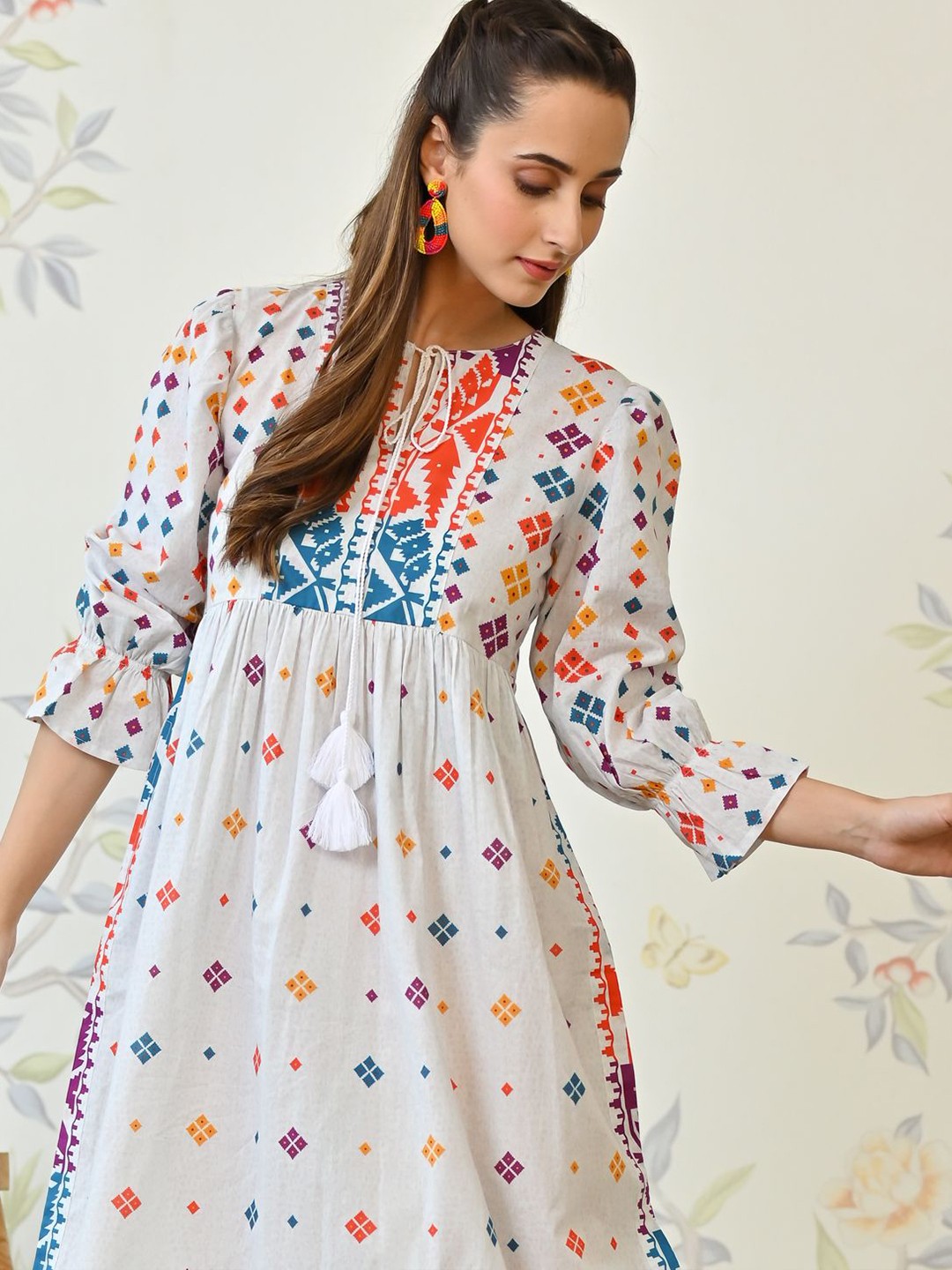 Printed Round Neck A-Line Cotton Midi Dress