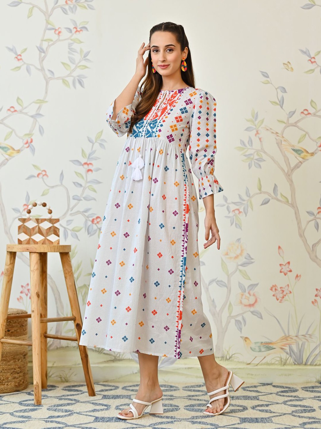 Printed Round Neck A-Line Cotton Midi Dress