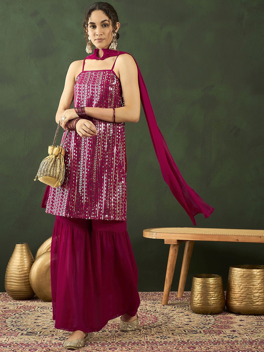 Sequenced Embroidered Kurta & Sharara With Dupatta