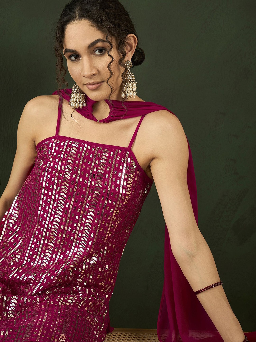 Sequenced Embroidered Kurta & Sharara With Dupatta