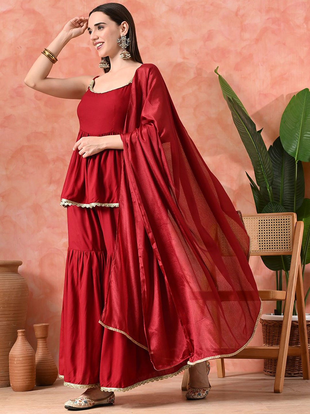 Round Neck A-Line Kurti With Sharara & Dupatta