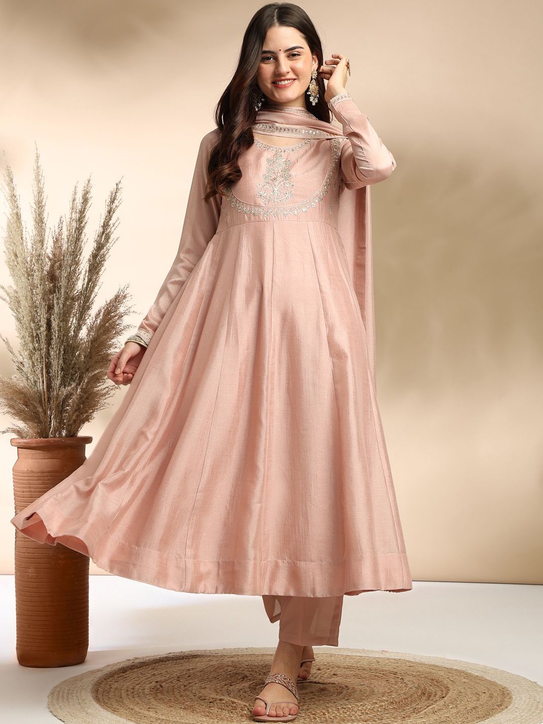 Floral Embroidered Anarkali Kurta With Trousers & Dupatta