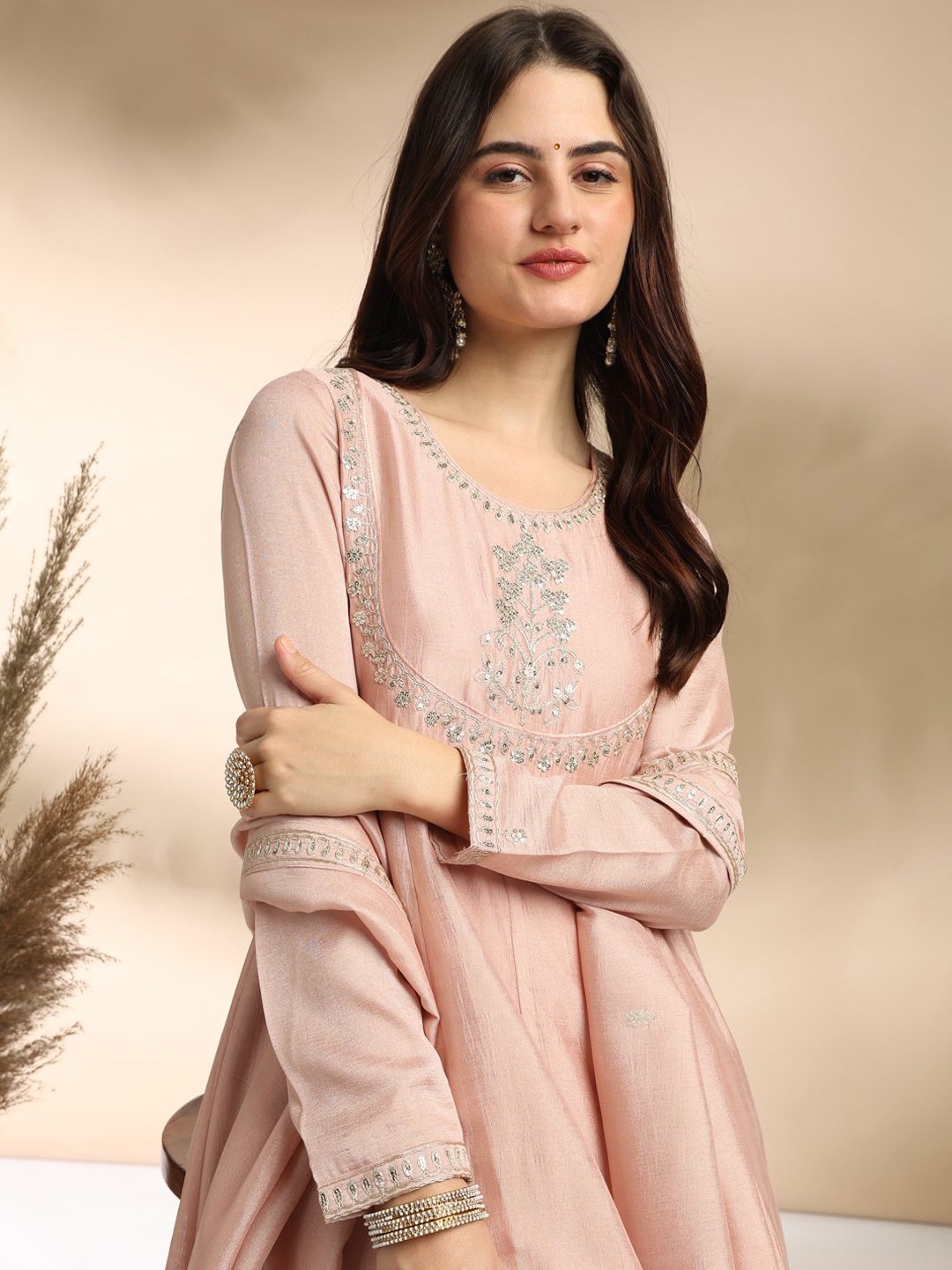 Floral Embroidered Anarkali Kurta With Trousers & Dupatta