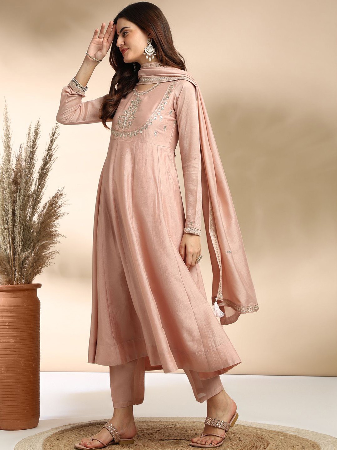 Floral Embroidered Anarkali Kurta With Trousers & Dupatta