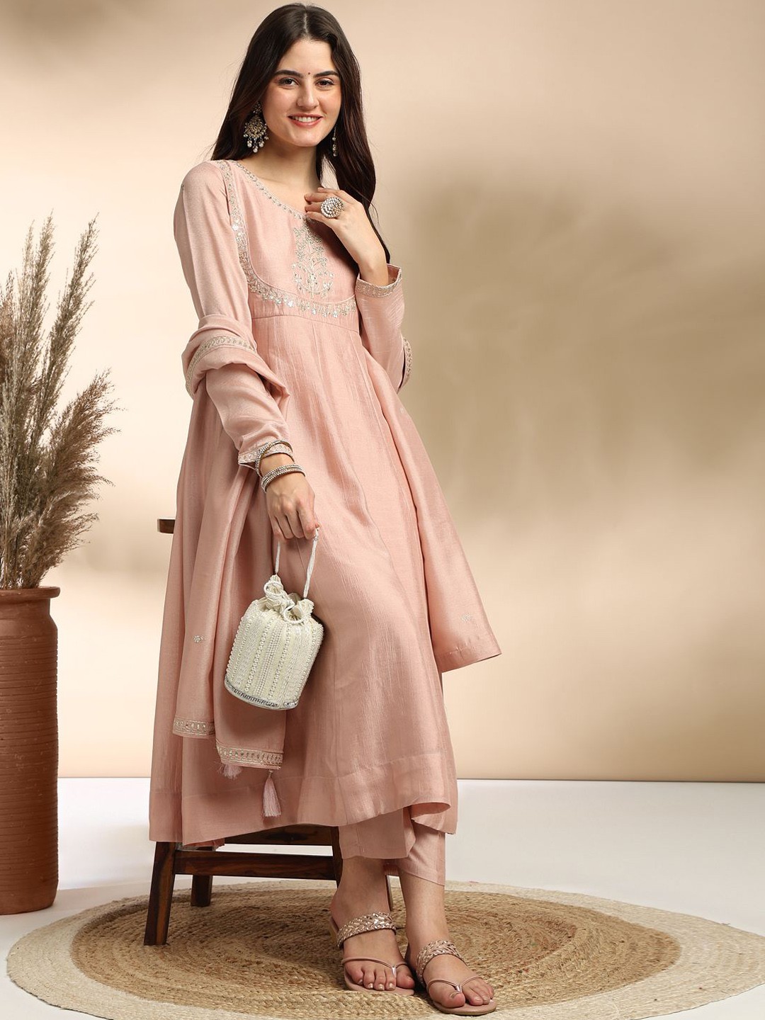 Floral Embroidered Anarkali Kurta With Trousers & Dupatta