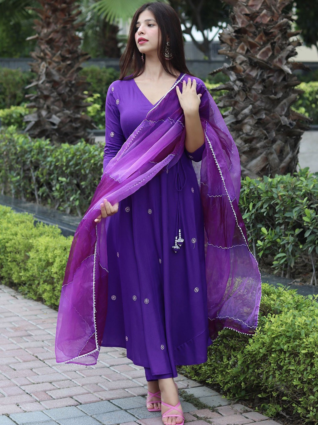 Embroidered Thread Work Anarkali Kurta With Trousers & Dupatta