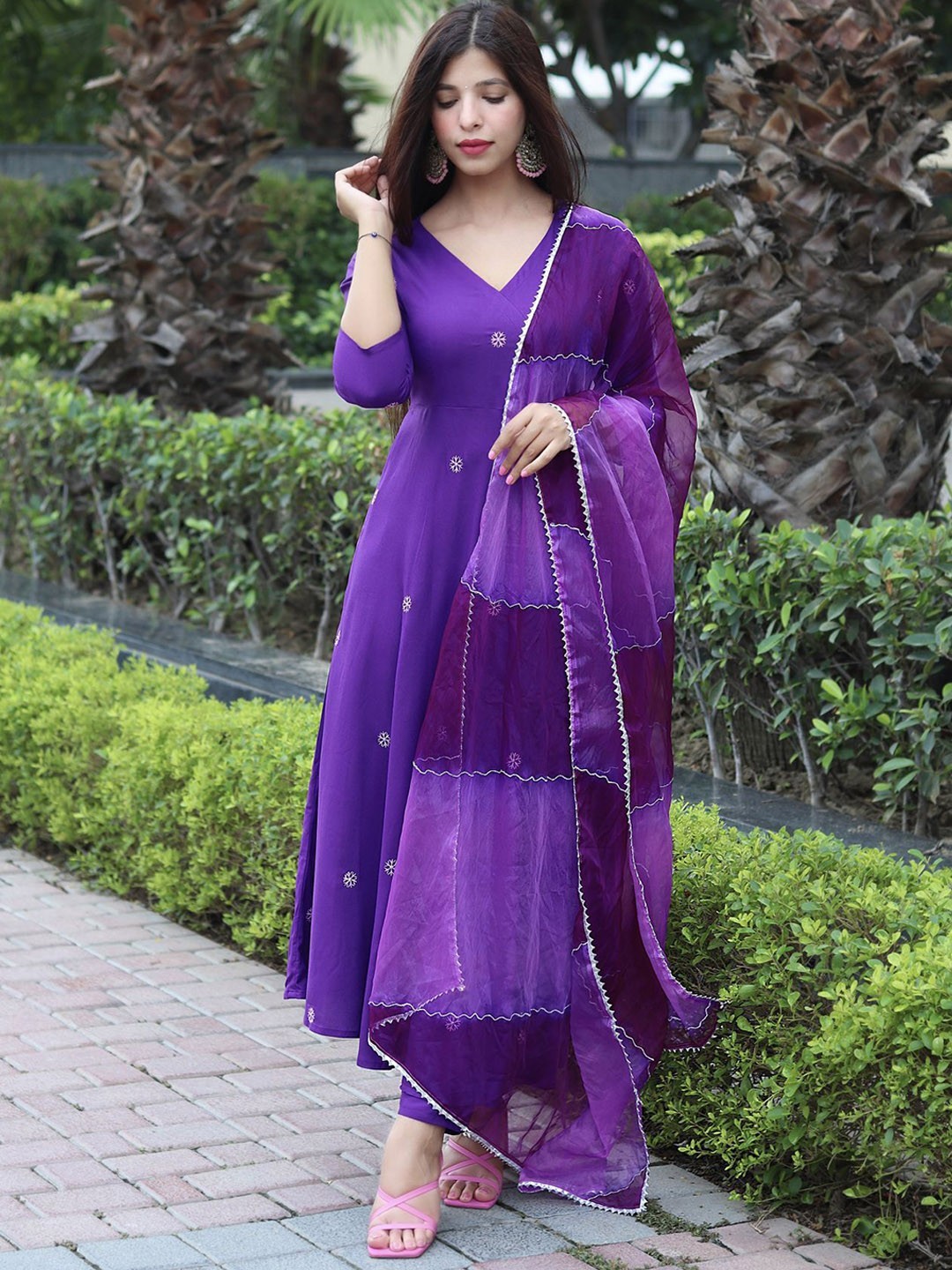 Embroidered Thread Work Anarkali Kurta With Trousers & Dupatta