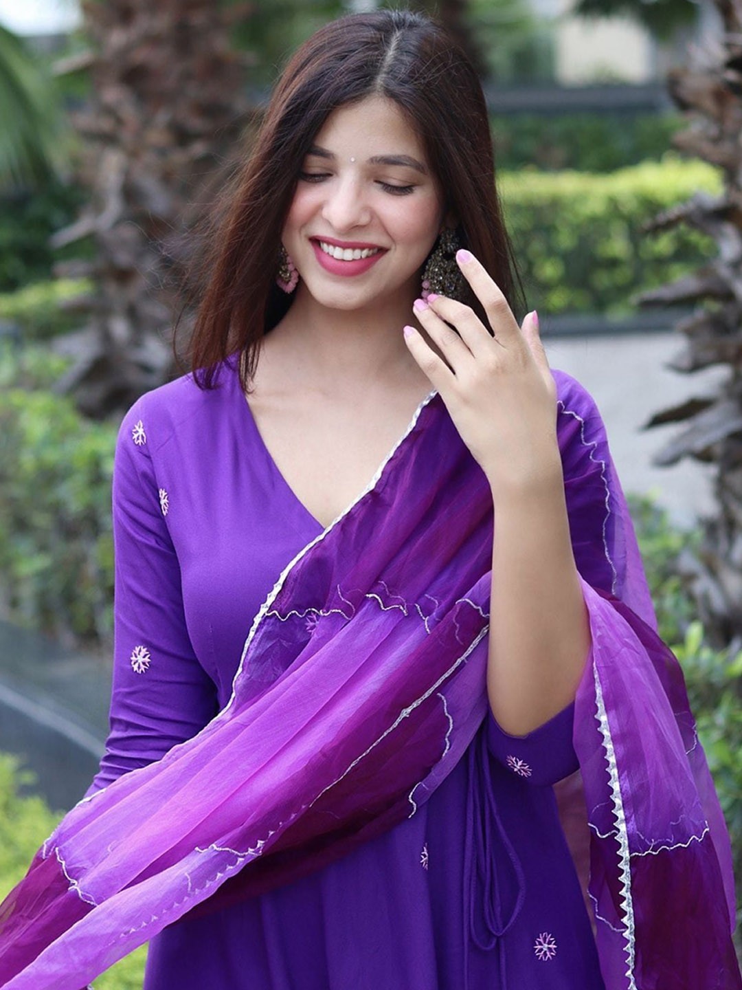 Embroidered Thread Work Anarkali Kurta With Trousers & Dupatta