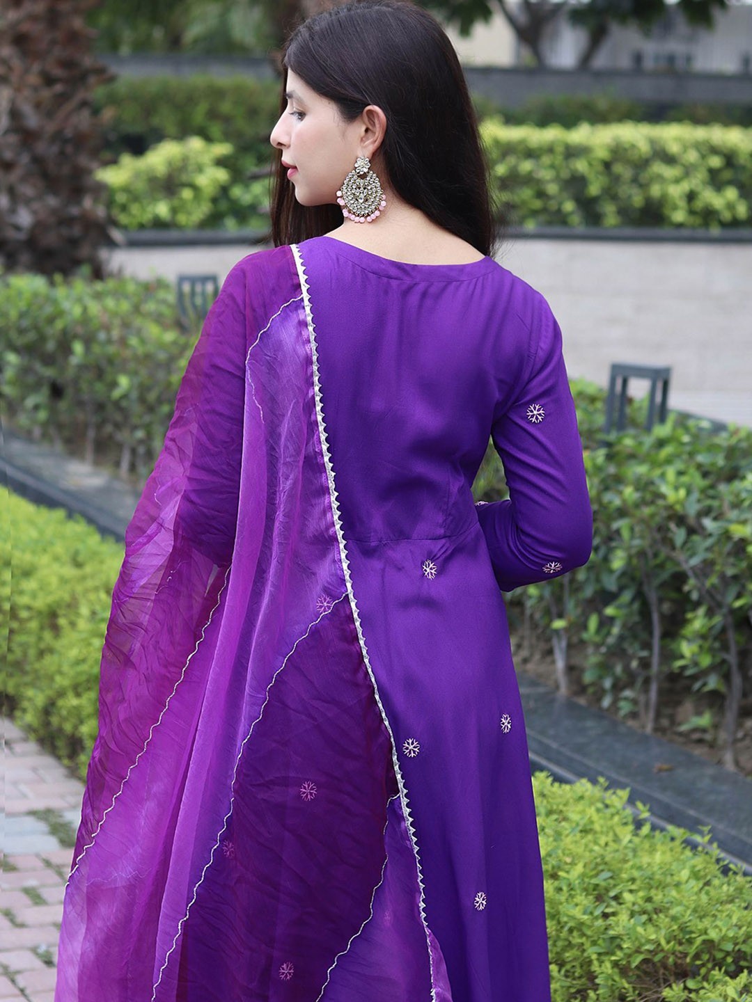 Embroidered Thread Work Anarkali Kurta With Trousers & Dupatta