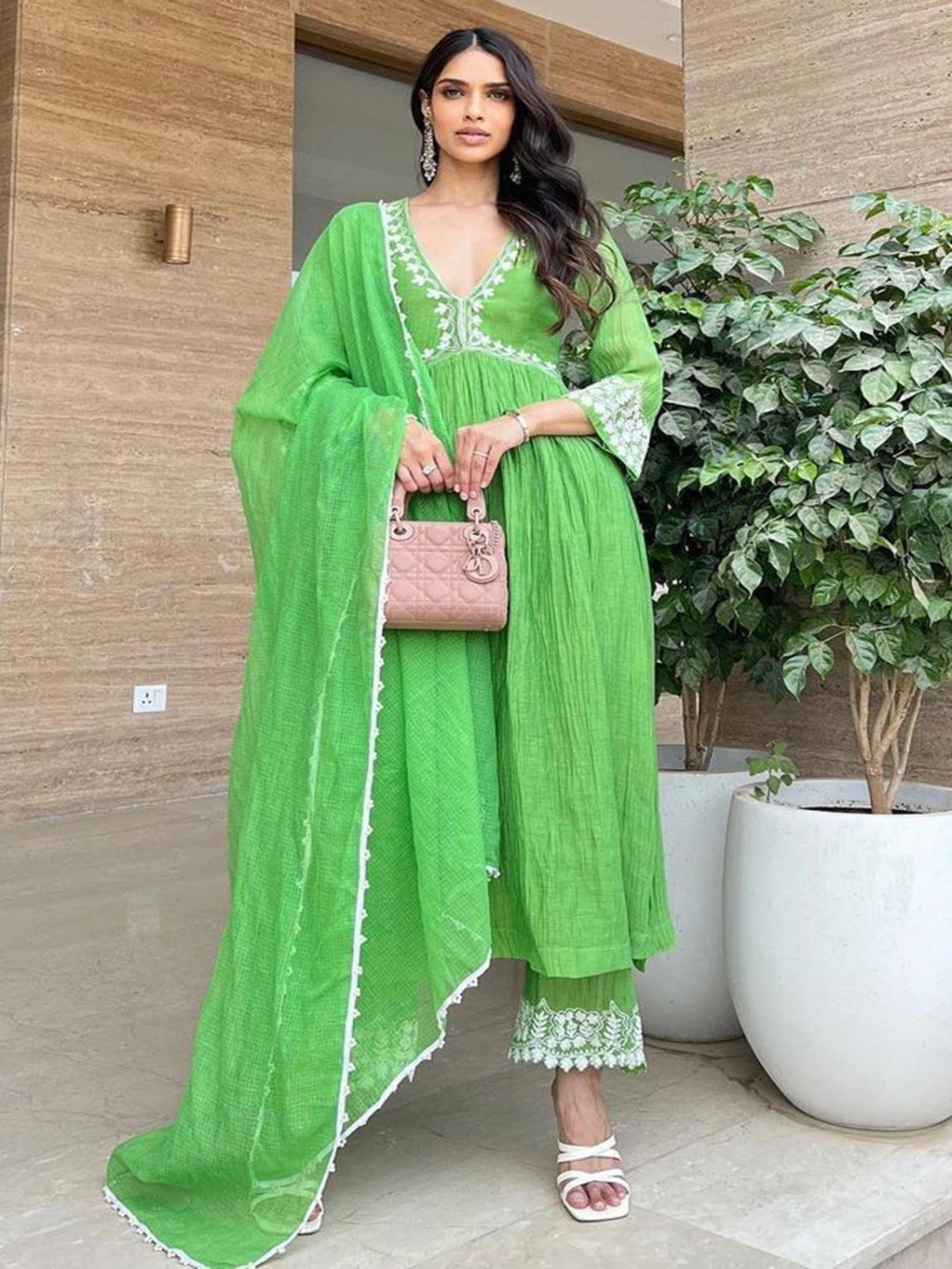 Floral Embroidered Empire V-Neck Anarkali Kurta With Palazzos And Dupatta
