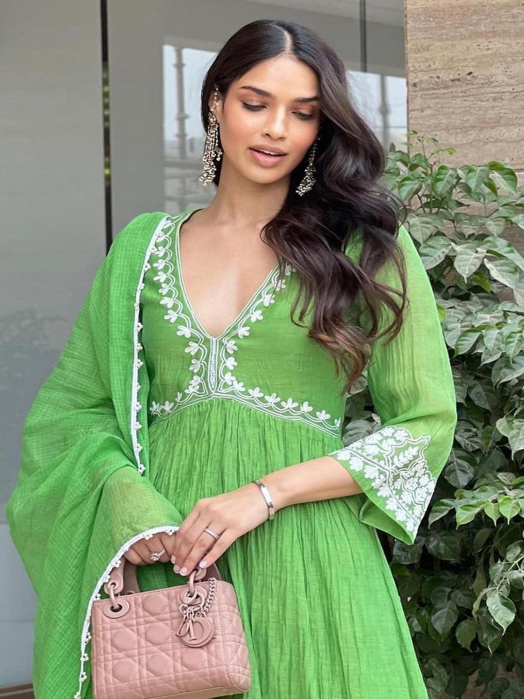 Floral Embroidered Empire V-Neck Anarkali Kurta With Palazzos And Dupatta