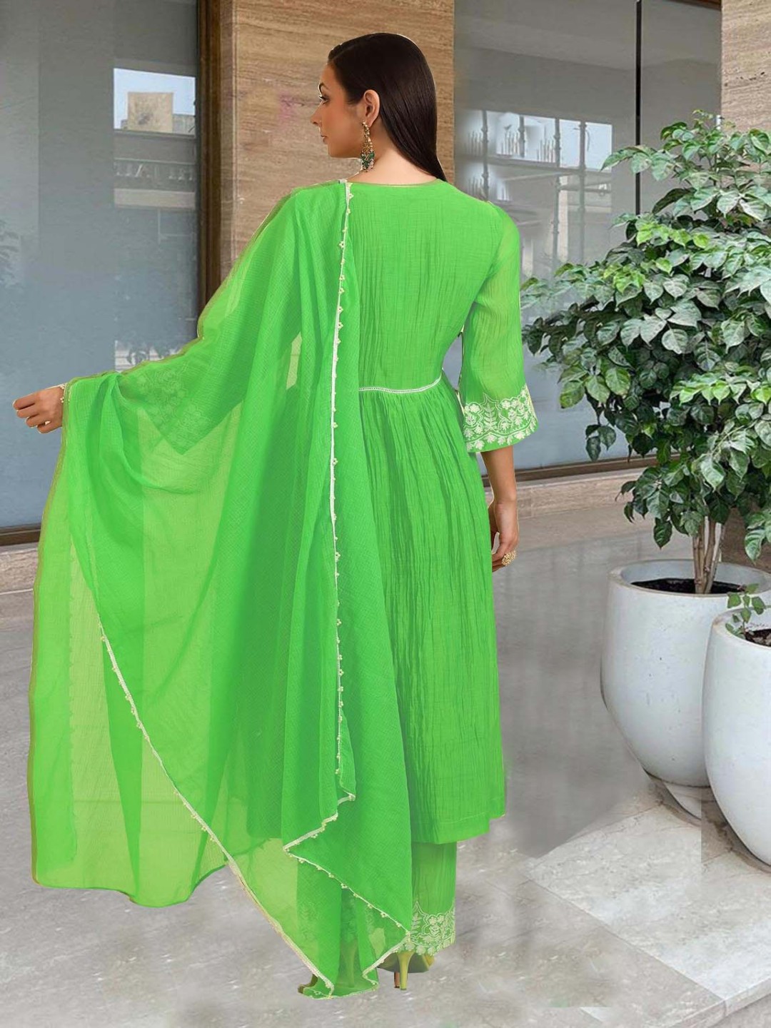 Floral Embroidered Empire V-Neck Anarkali Kurta With Palazzos And Dupatta