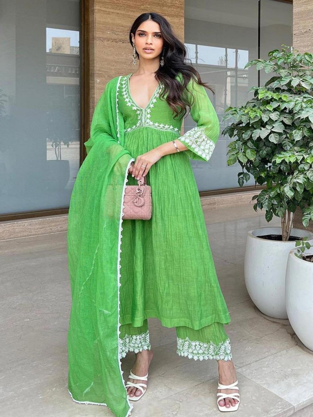 Floral Embroidered Empire V-Neck Anarkali Kurta With Palazzos And Dupatta