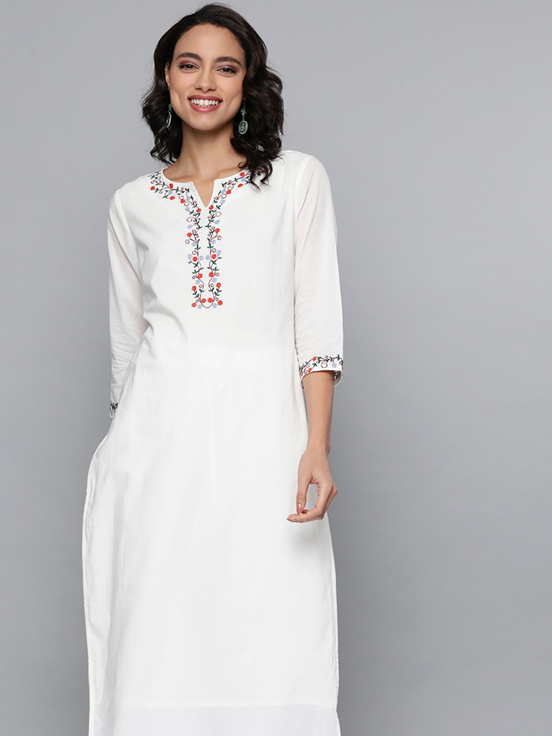 White Cotton Straight Thread Work Kurta