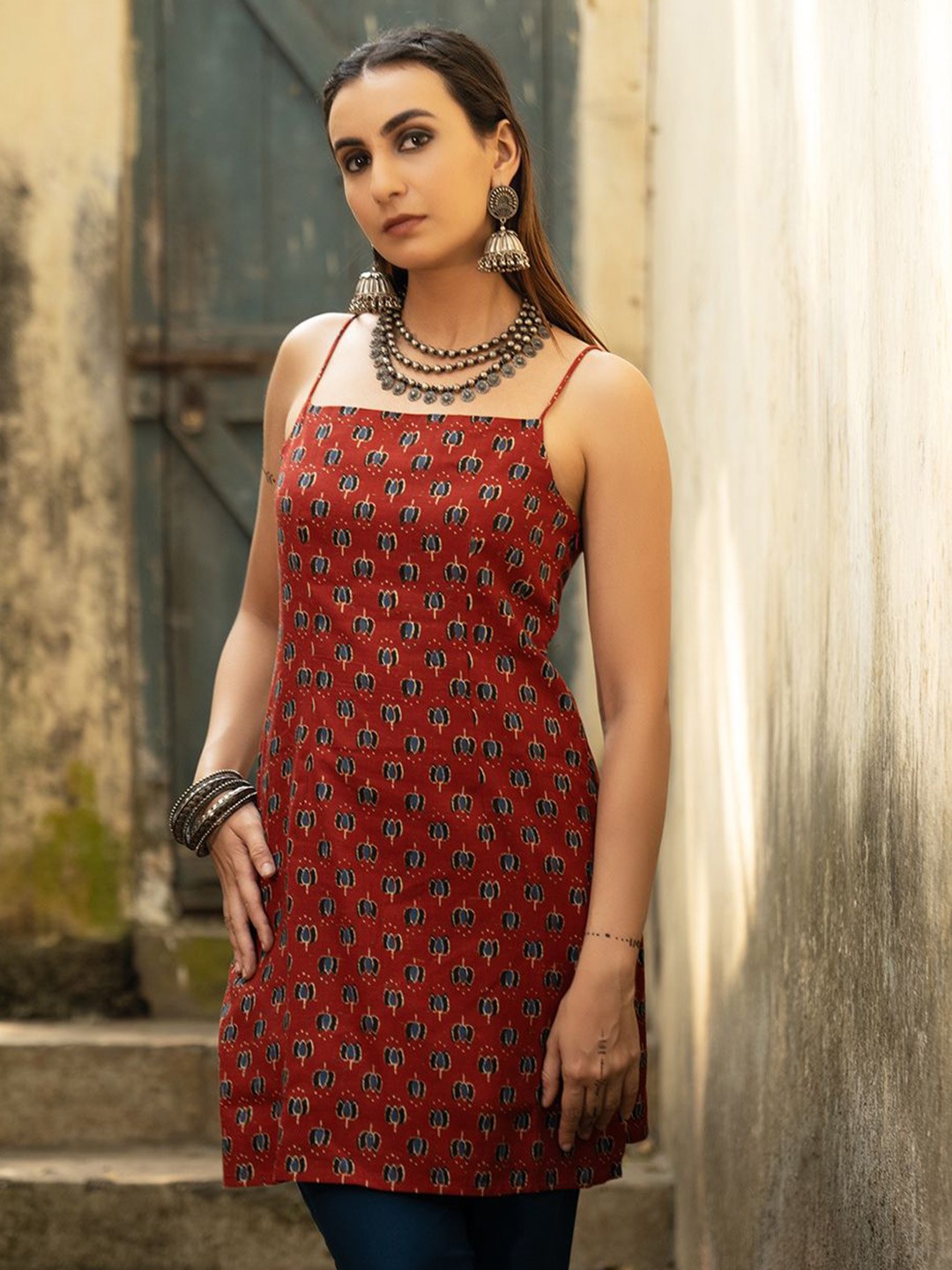 Ethnic Motifs Printed Square Neck Pure Cotton Kurti