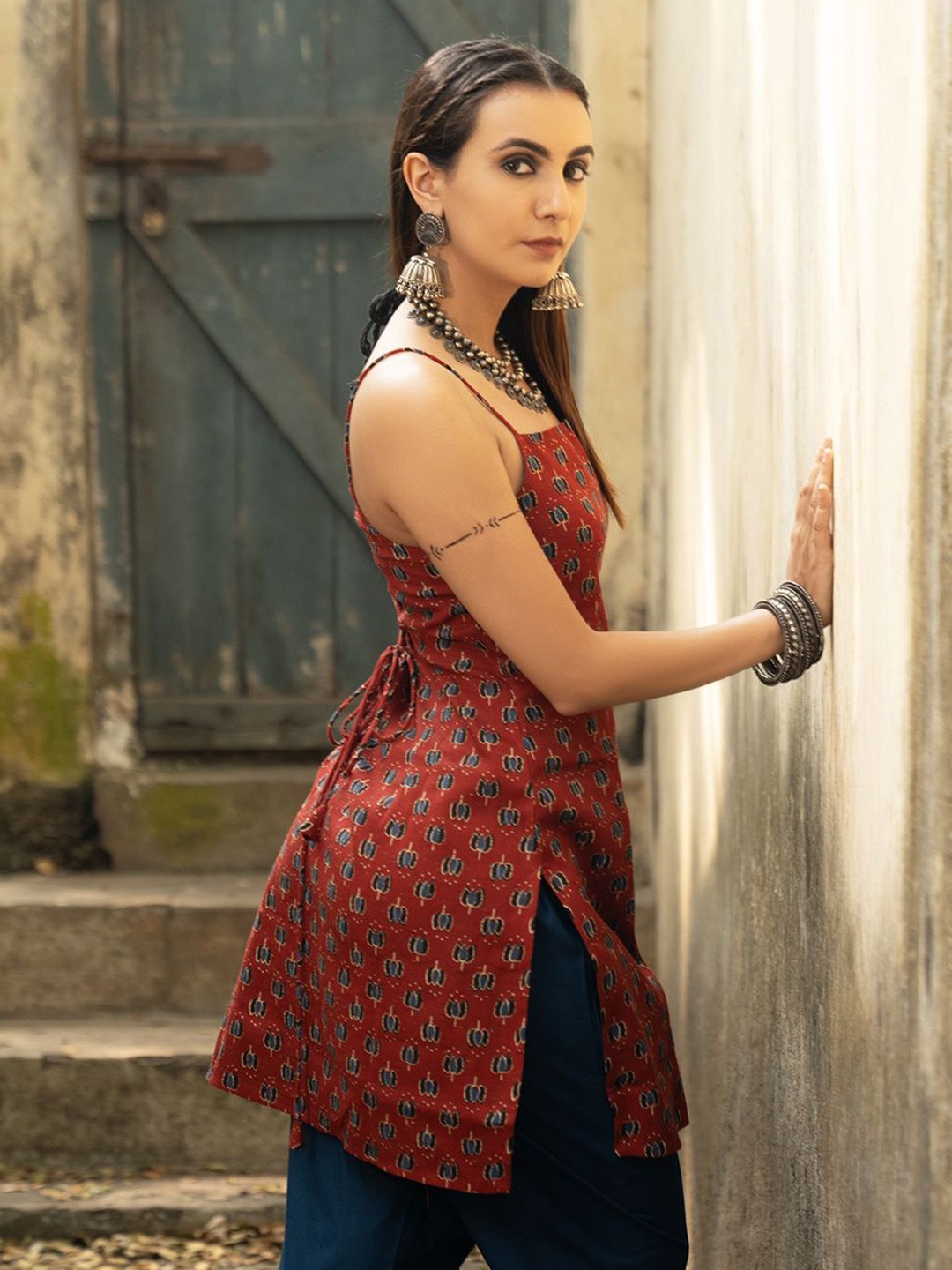 Ethnic Motifs Printed Square Neck Pure Cotton Kurti