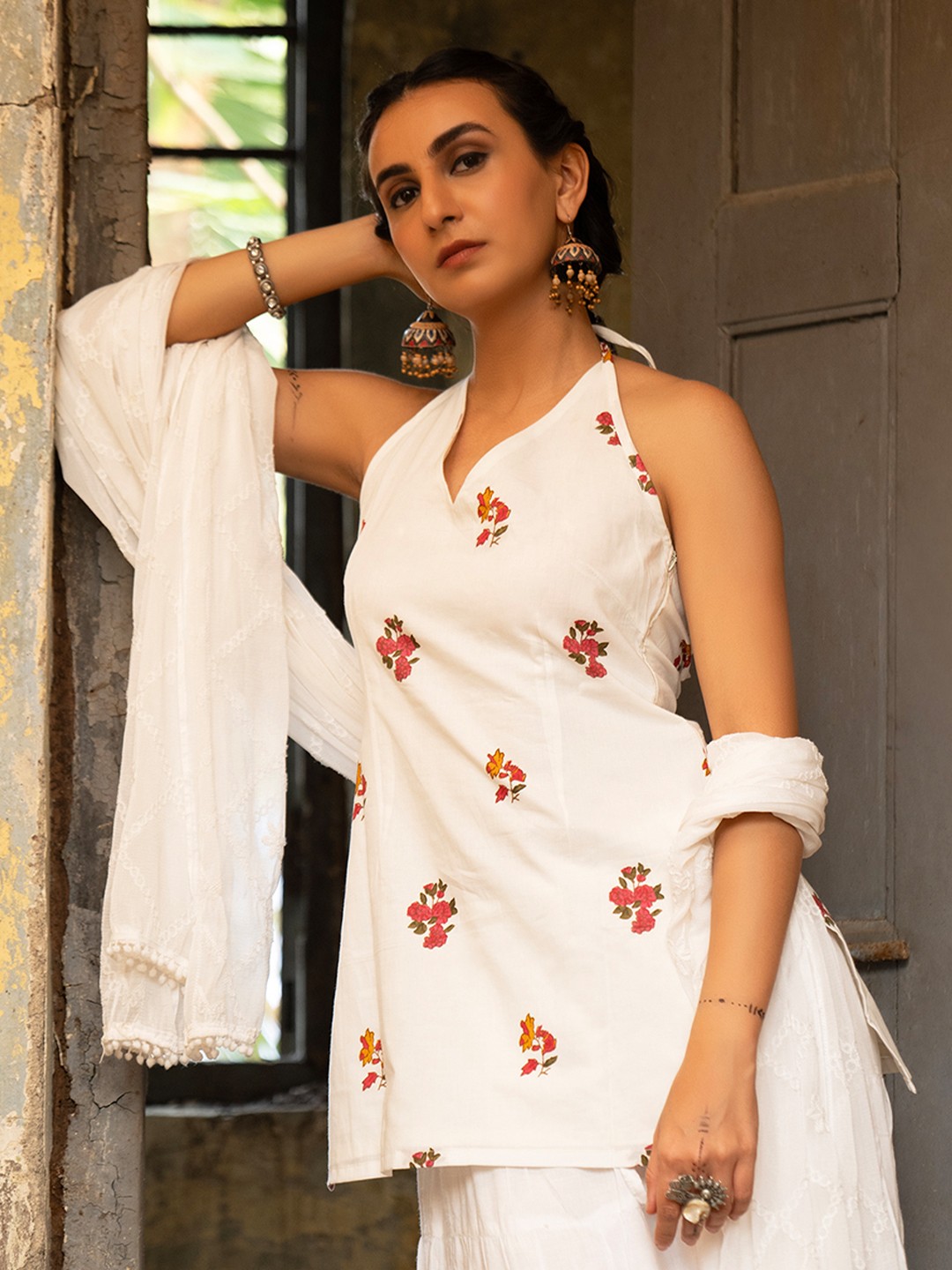 Floral Printed Halter Neck Pure Cotton Handloom Kurti