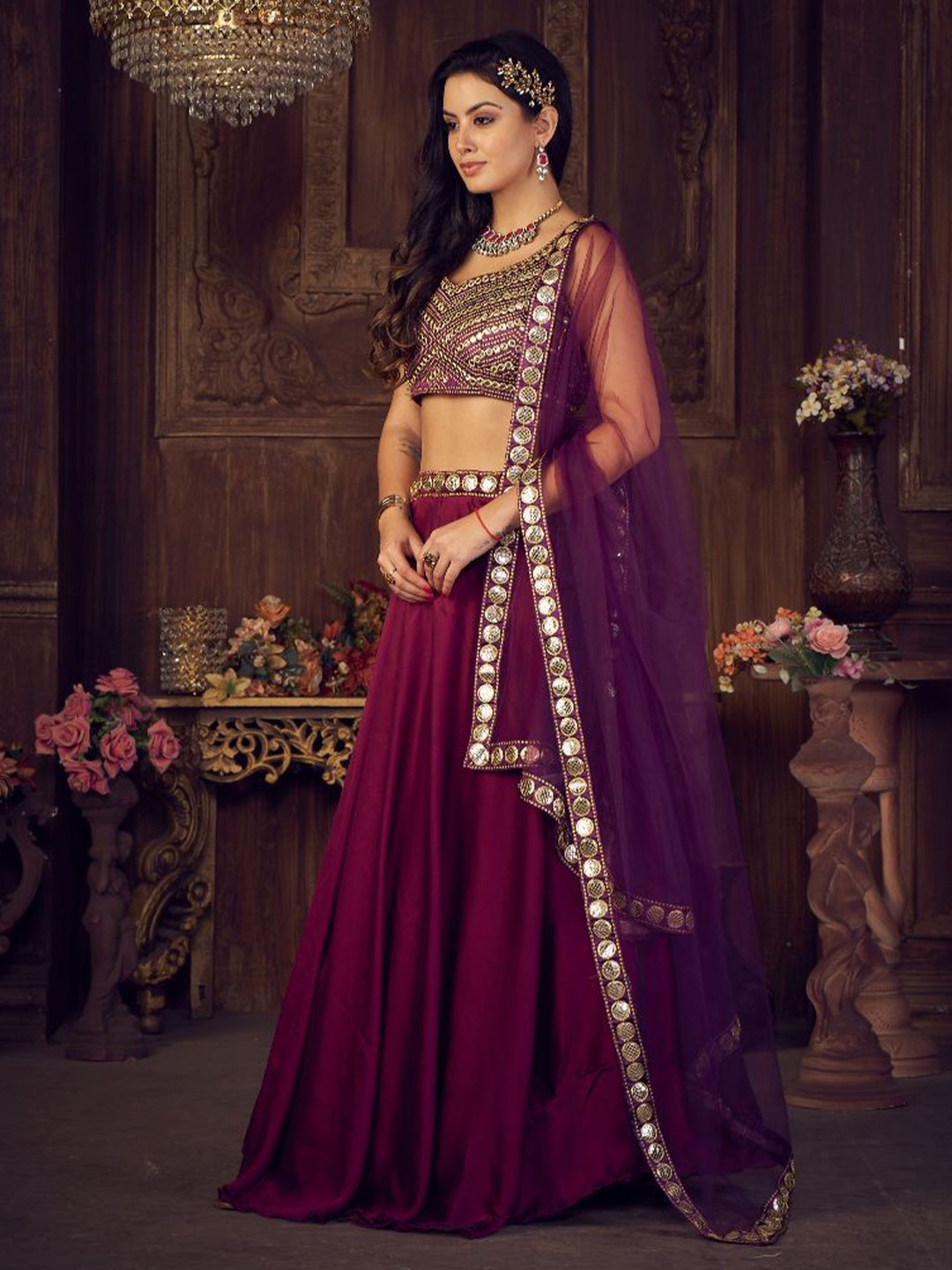 Embellished Thread Work Semi-Stitched Lehenga & Unstitched Blouse With Dupatta
