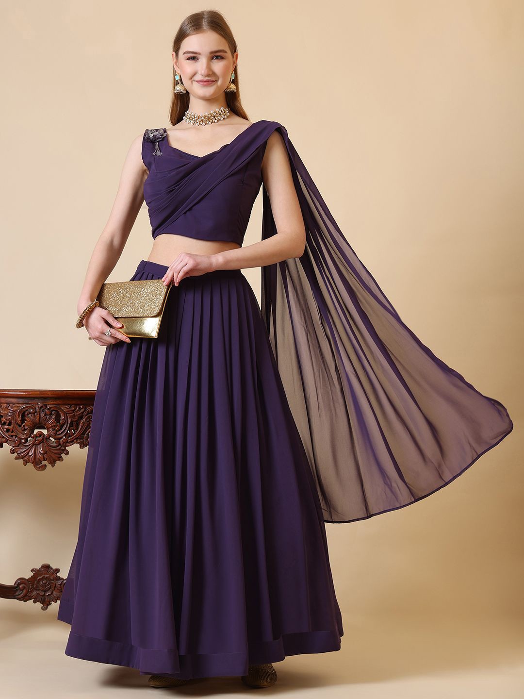 Patchwork Georgette Ready To Wear Lehenga & Blouse With Dupatta
