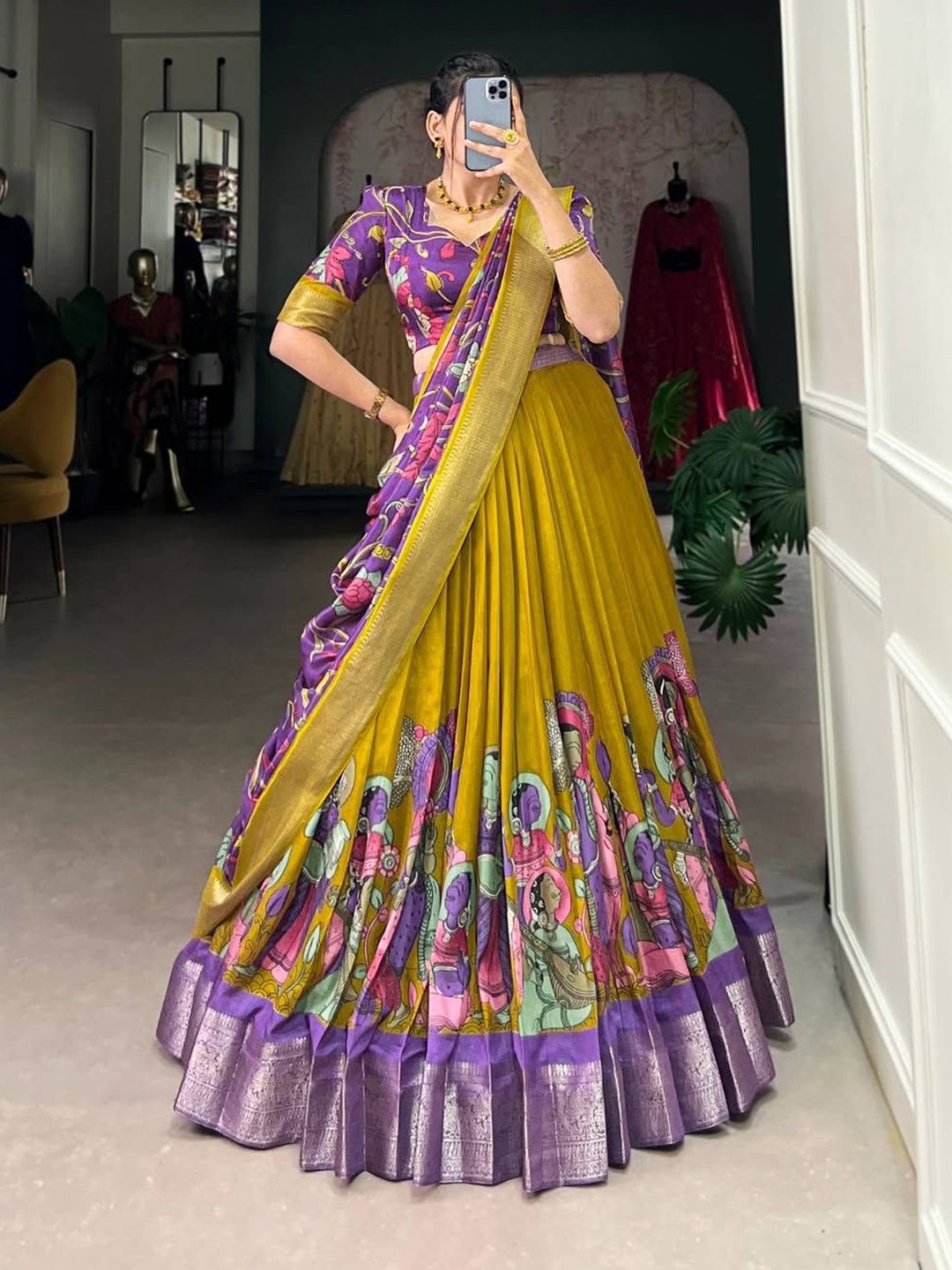 Printed Kalamkari Lehenga with Unstitched Blouse & Dupatta