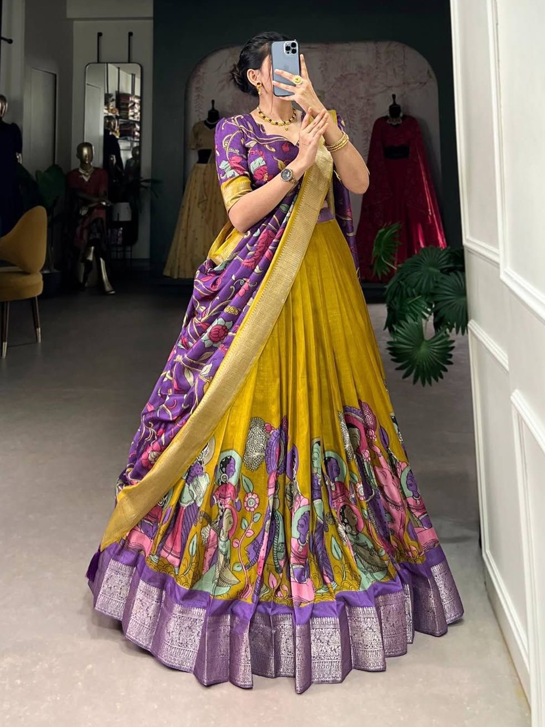 Printed Kalamkari Lehenga with Unstitched Blouse & Dupatta