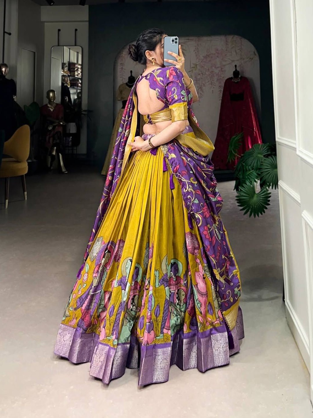 Printed Kalamkari Lehenga with Unstitched Blouse & Dupatta