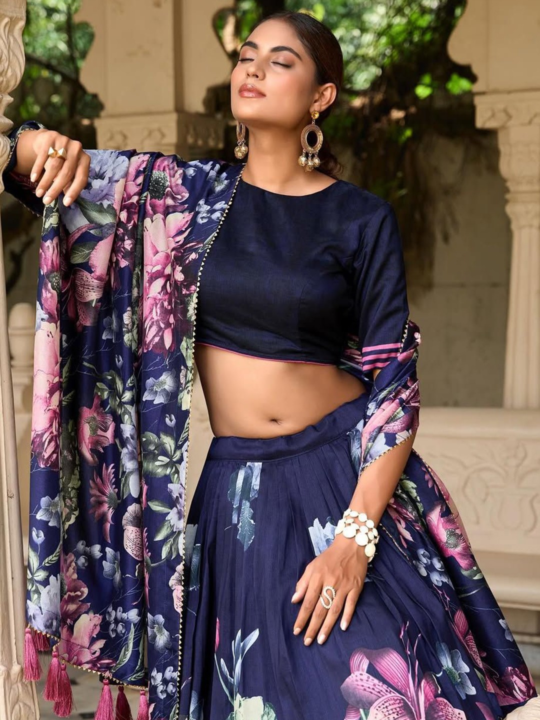 Printed Gotta Patti Lehenga & Semi-Stitched Blouse With Dupatta
