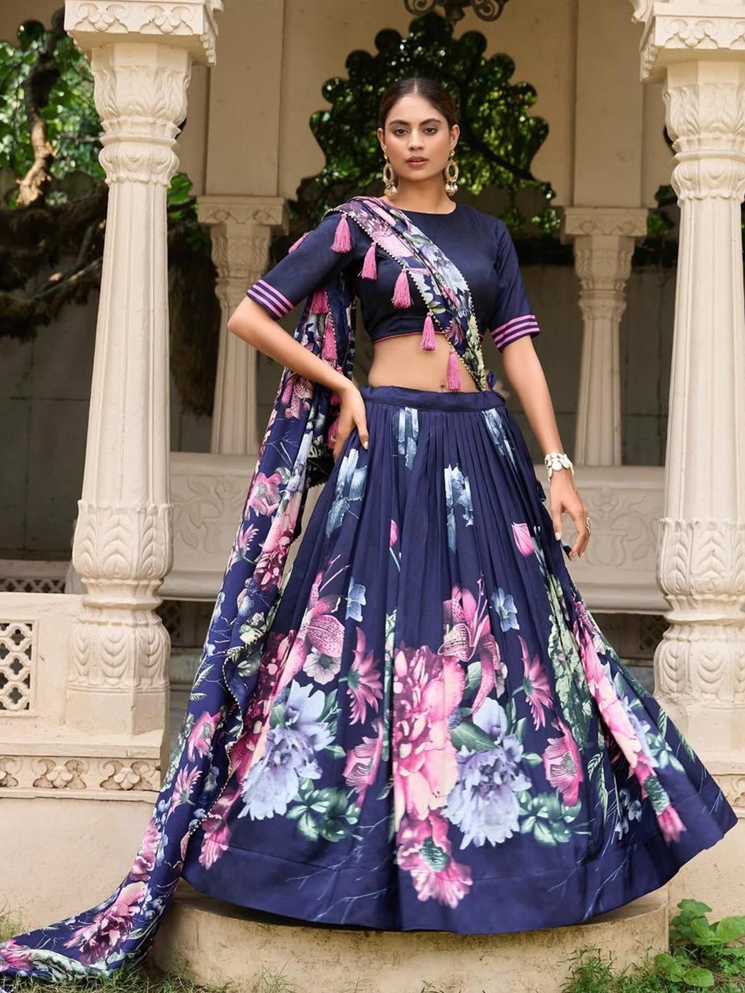 Printed Gotta Patti Lehenga & Semi-Stitched Blouse With Dupatta
