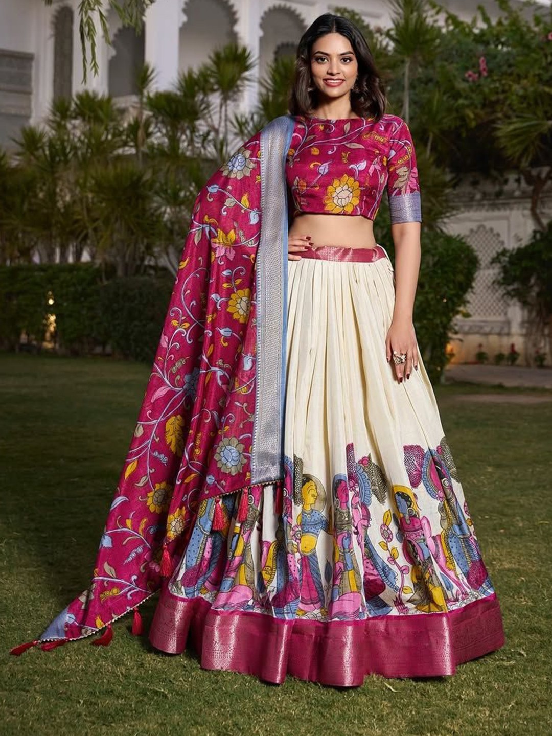 Printed Kalamkari Lehenga & Semi-Stitched Blouse With Dupatta