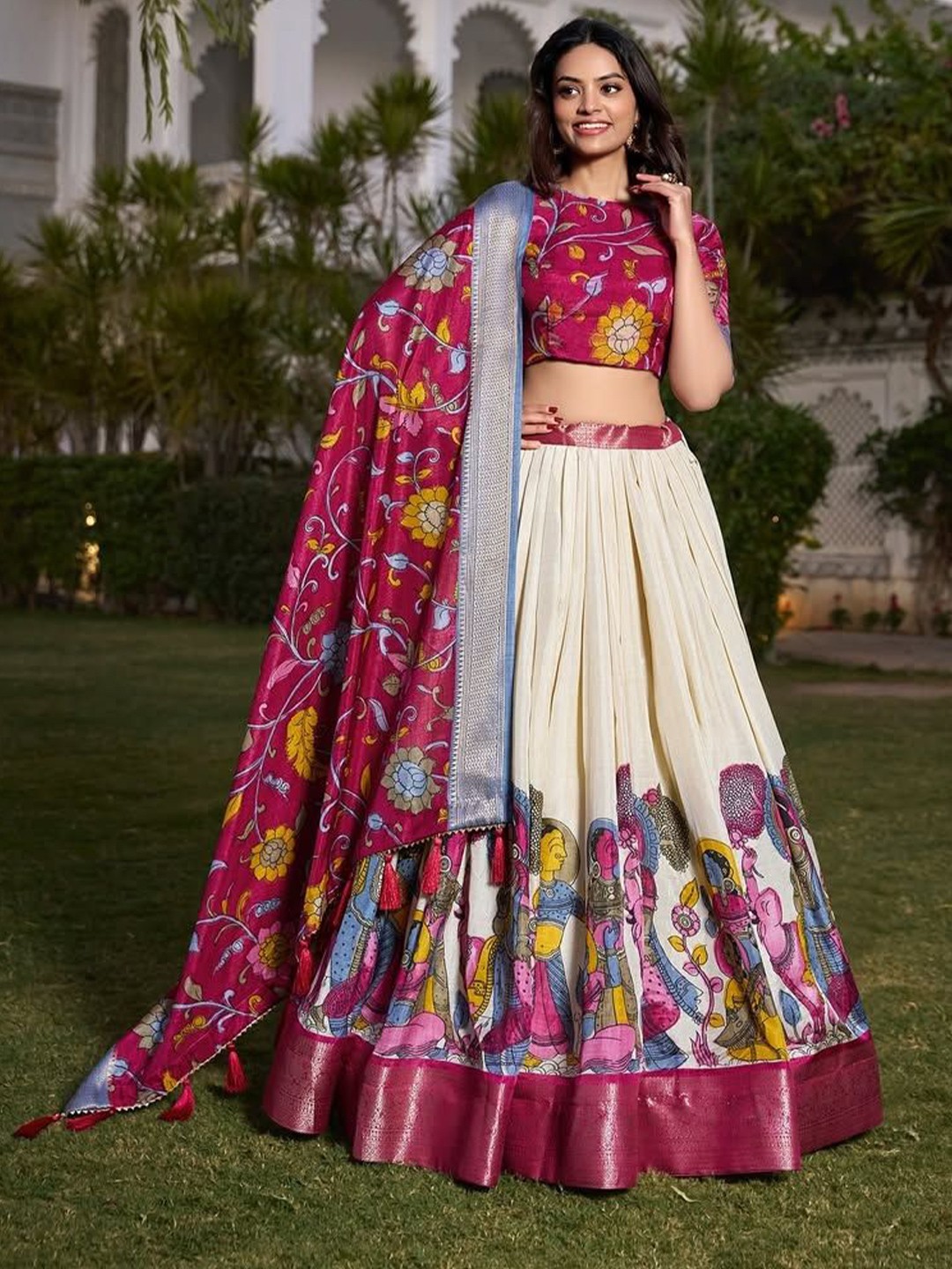 Printed Kalamkari Lehenga & Semi-Stitched Blouse With Dupatta