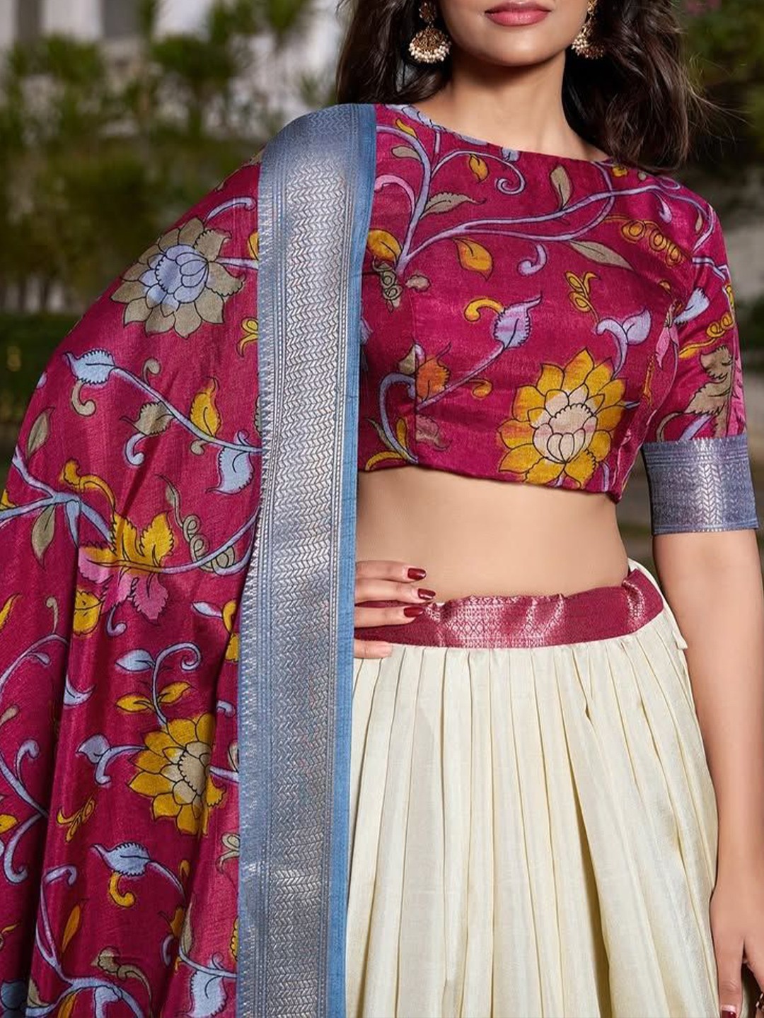Printed Kalamkari Lehenga & Semi-Stitched Blouse With Dupatta