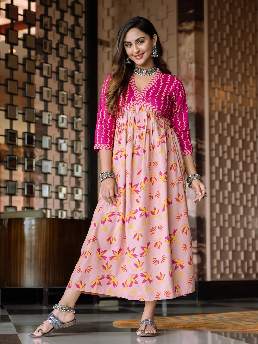Pink Floral A-Line Dress