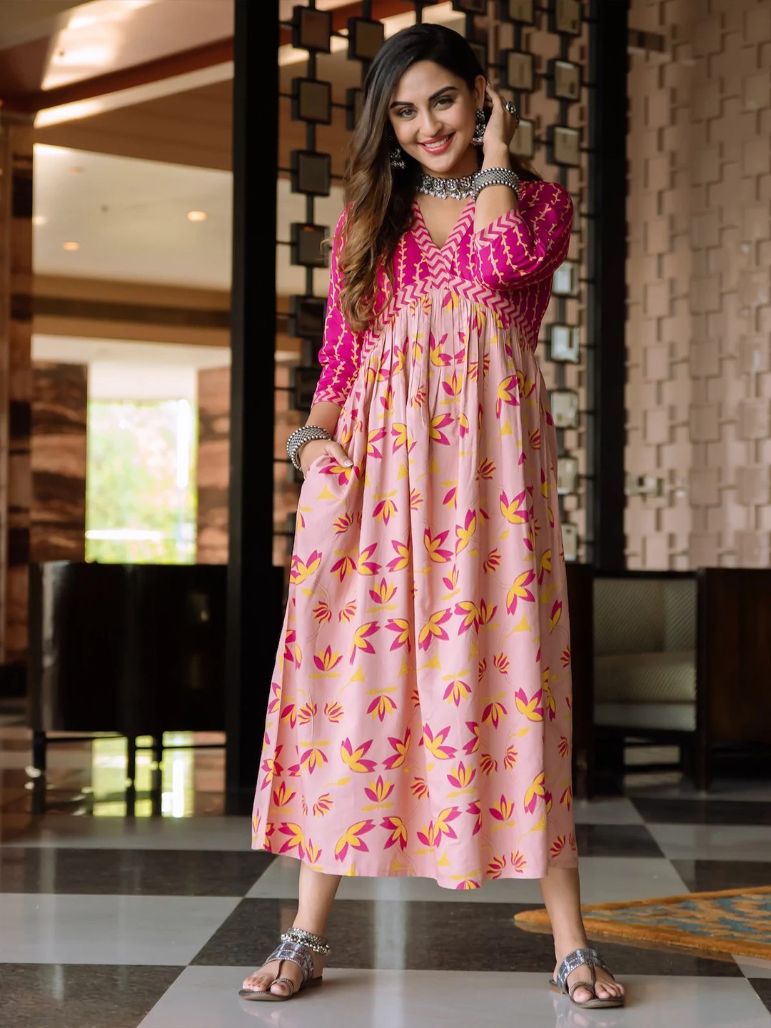 Pink Floral A-Line Dress