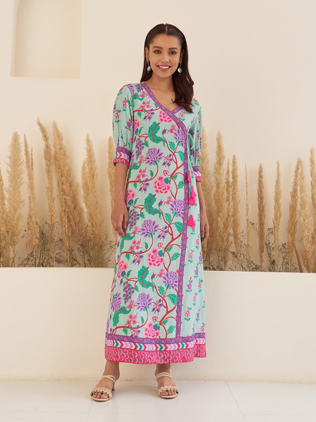 Floral Printed Cuffed Sleeves Wrap Maxi Dress