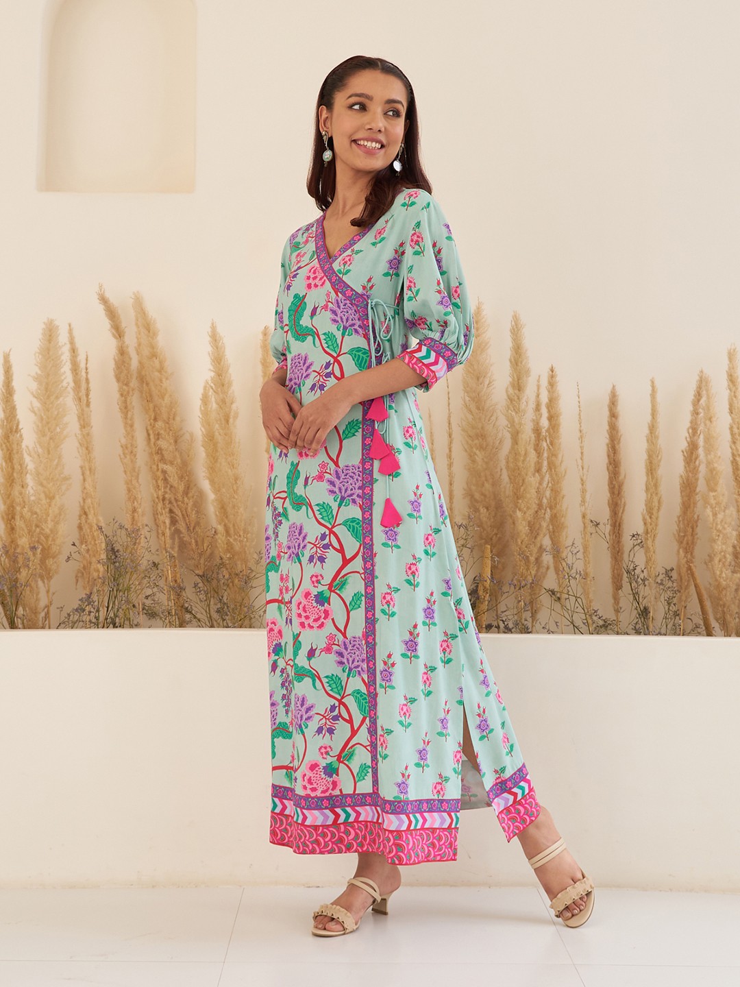 Floral Printed Cuffed Sleeves Wrap Maxi Dress