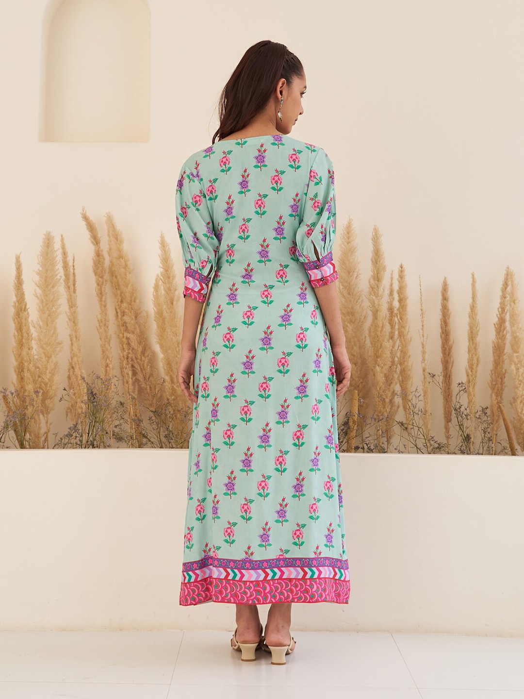 Floral Printed Cuffed Sleeves Wrap Maxi Dress